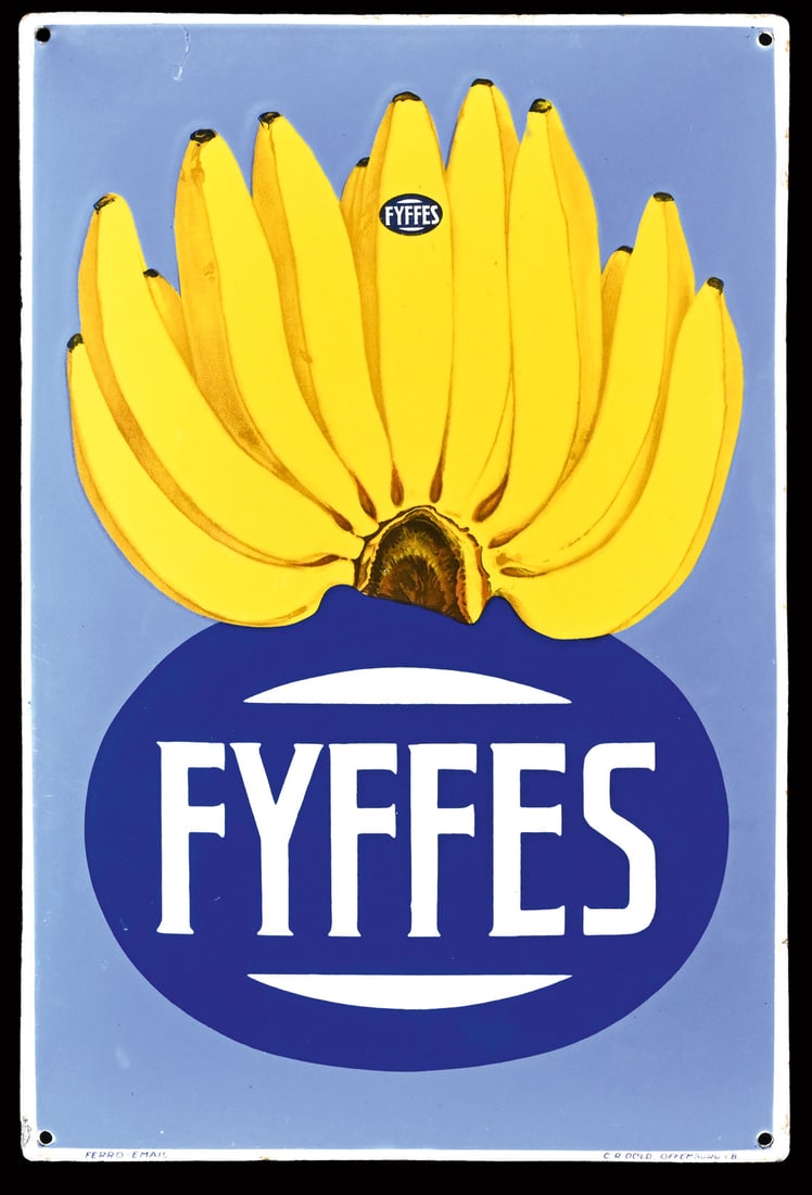 FYFFES | RARE PORCELAIN SIGN | (1-2): Porcelain sign ( Enamel sign ), convex, stenciled and lithographed, around 1930, 33 x 50 cm, Ferro-Email - C. R. Dold, Offenburg i.B., a riot of colors rarely seen - the enamel is high-gloss and comes