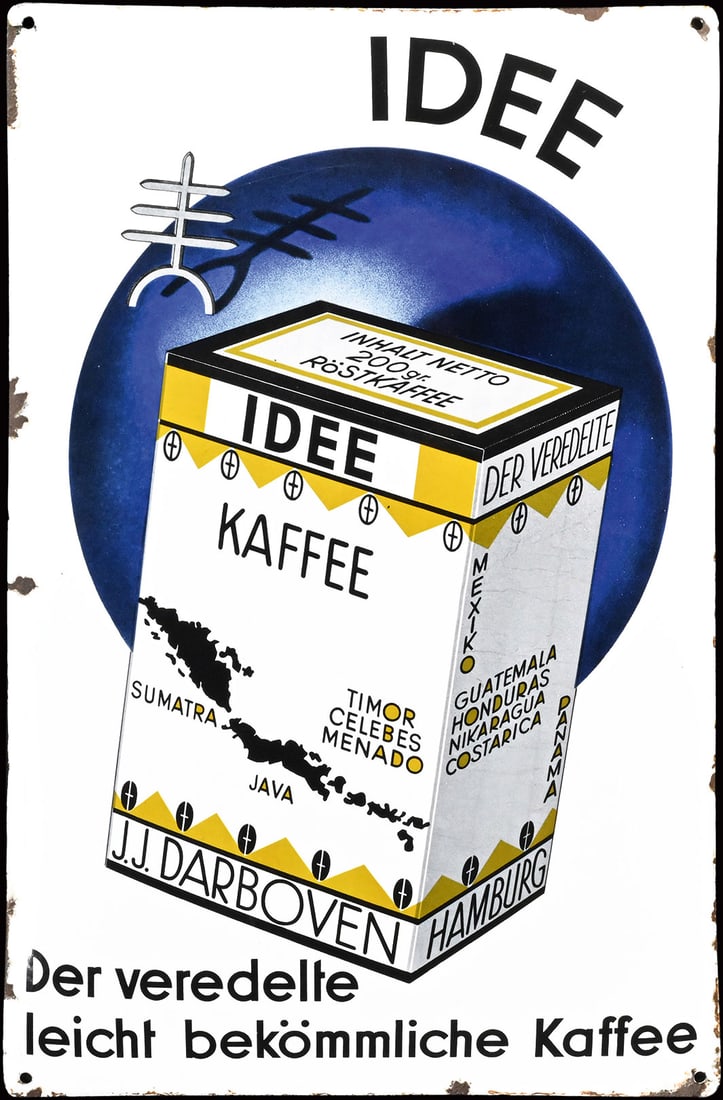 IDEE KAFFEE | PORCELAIN SIGN | (2): Porcelain sign ( Enamel sign ), convex, stenciled and lithographed, GER around 1930, 39 x 59 cm, as the coffee package reveals: J.J. Darboven's 'Idee' coffee, sourced directly from the Eastern Pacific