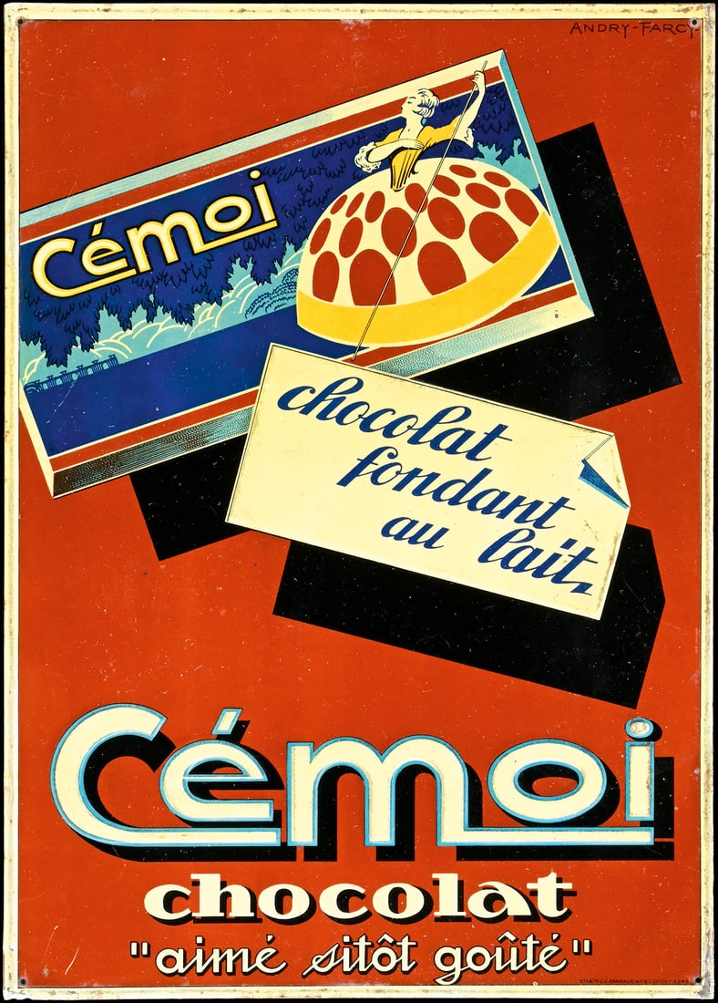 CEMOI CHOCOLAT | TIN SIGN | (1): Tin sign, embossed, lithographed, F around 1930, 25 x 35 cm, Etabl. J.J. Carnaud & F.B.I. Lyon, signed: Andry-Farcy, beautiful artist design, rare | We do only sell old original pieces - no reproducti