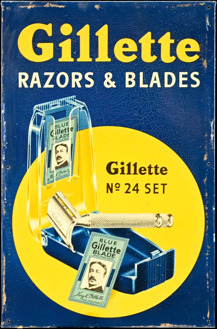 GILLETTE RAZORS & BLADES | TIN SIGN | (2): Tin sign, GB/USA around 1950, 37 x 24 cm, The Metal Box Co. Ltd., Carlisle | We do only sell old original pieces - no reproductions or fakes. We pack in house, most items can be shipped overseas. Wood