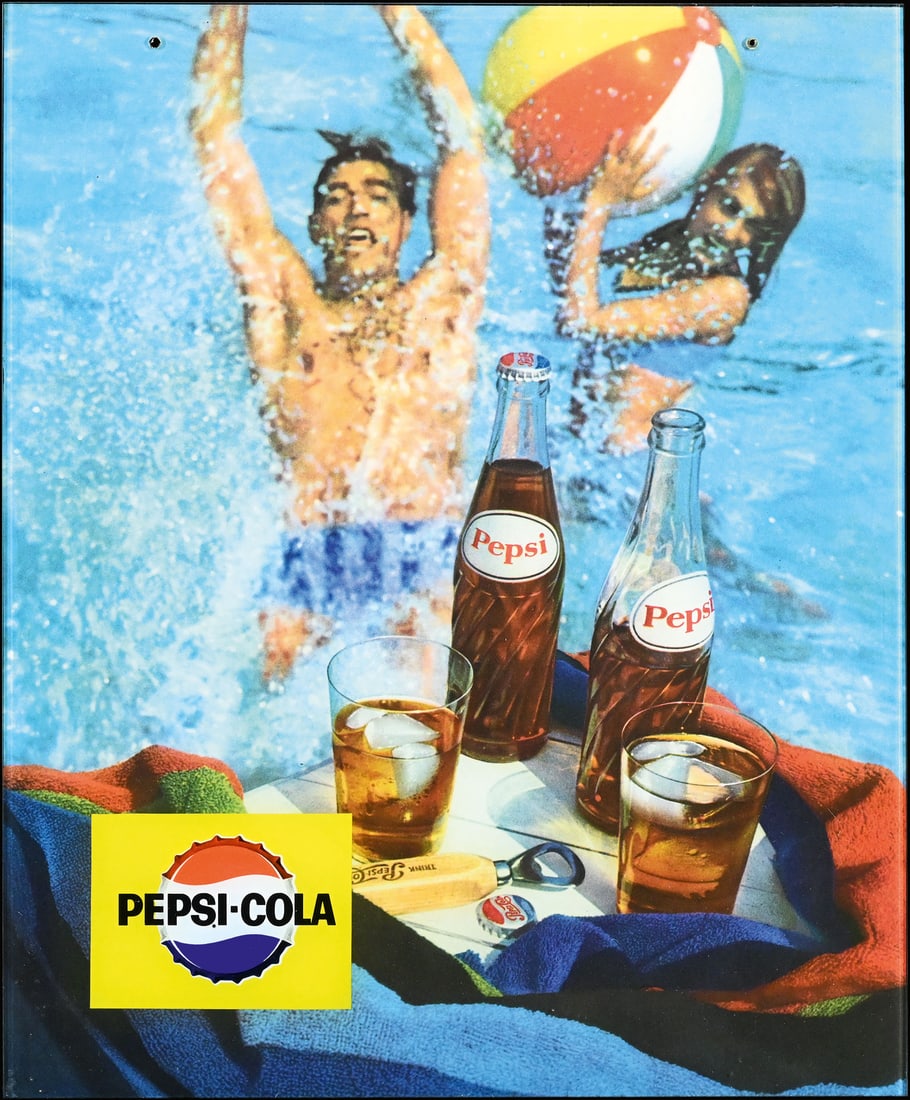 PEPSI-COLA | ADVERTISING SIGN | (1+): Reverse glass print, around 1968, 30 x 36 cm | We do only sell old original pieces - no reproductions or fakes. We pack in house, most items can be shipped overseas. Wooden crates are available. For f