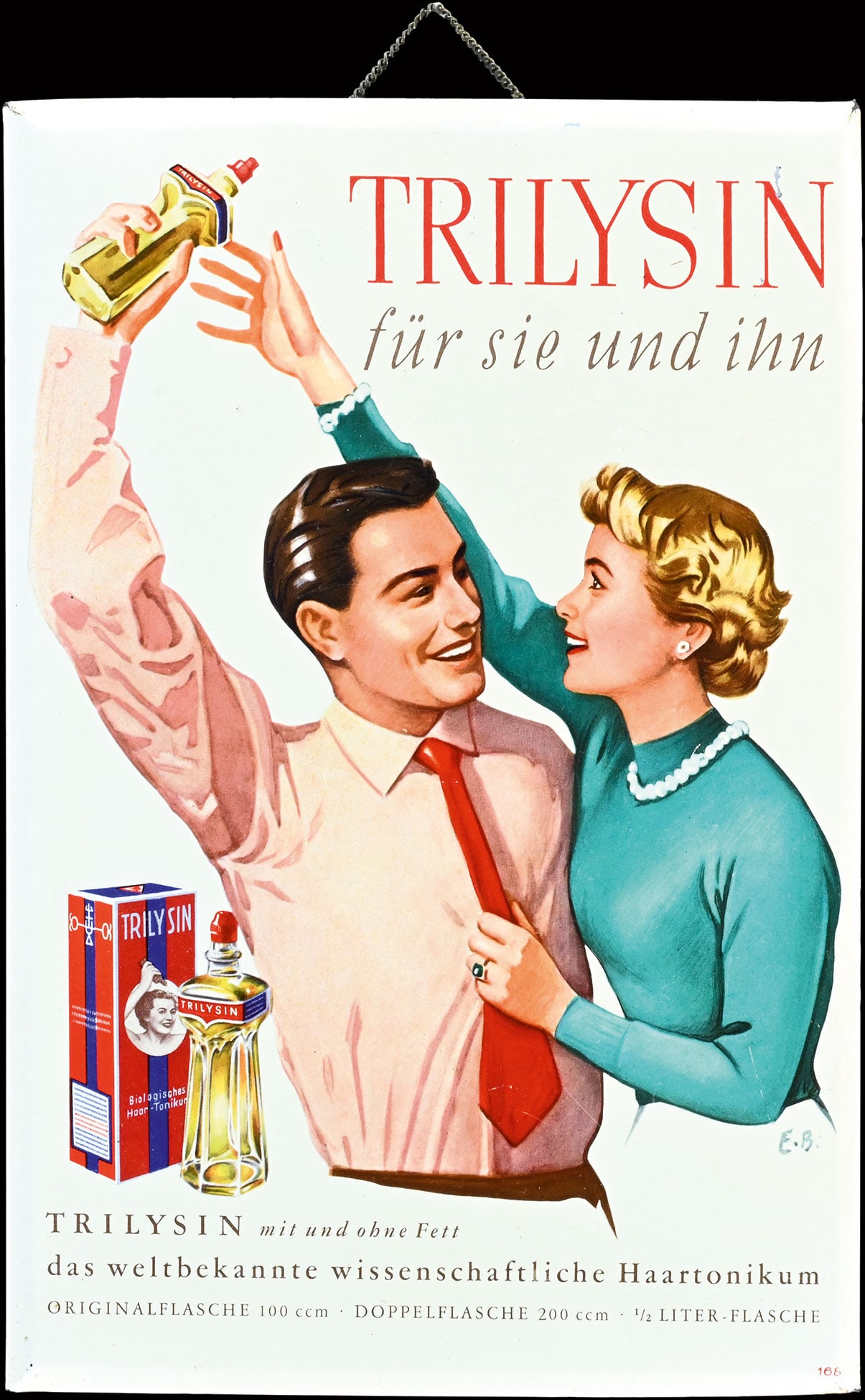 TRILYSIN HAARTONIKUM | TIN SIGN | (1): Tin sign, lithographed, the back with stand, GER 1950s, 20 x 30 cm, signed: E.B. | We do only sell old original pieces - no reproductions or fakes. We pack in house, most items can be shipped overseas