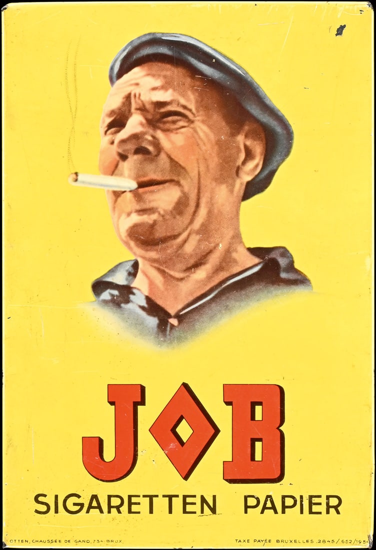 JOB SIGARETTEN PAPIER | TIN SIGN | (1): Tin sign, lithographed, BE 1954, 16 x 24 cm, Otten, Brux. | We do only sell old original pieces - no reproductions or fakes. We pack in house, most items can be shipped overseas. Wooden crates are ava