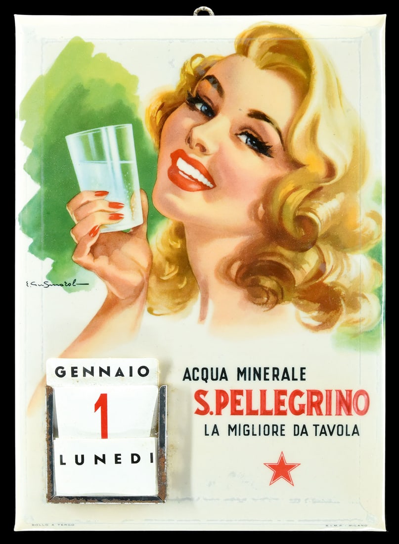 S. PELLEGRINO | TIN SIGN | (1+): Tin sign, celluloid coating, complete with calendar, IT 1950s, 19 x 27 cm, S.I.M.P. Milano, Pin Up image, illegibly signed | We do only sell old original pieces - no reproductions or fakes. We pack in