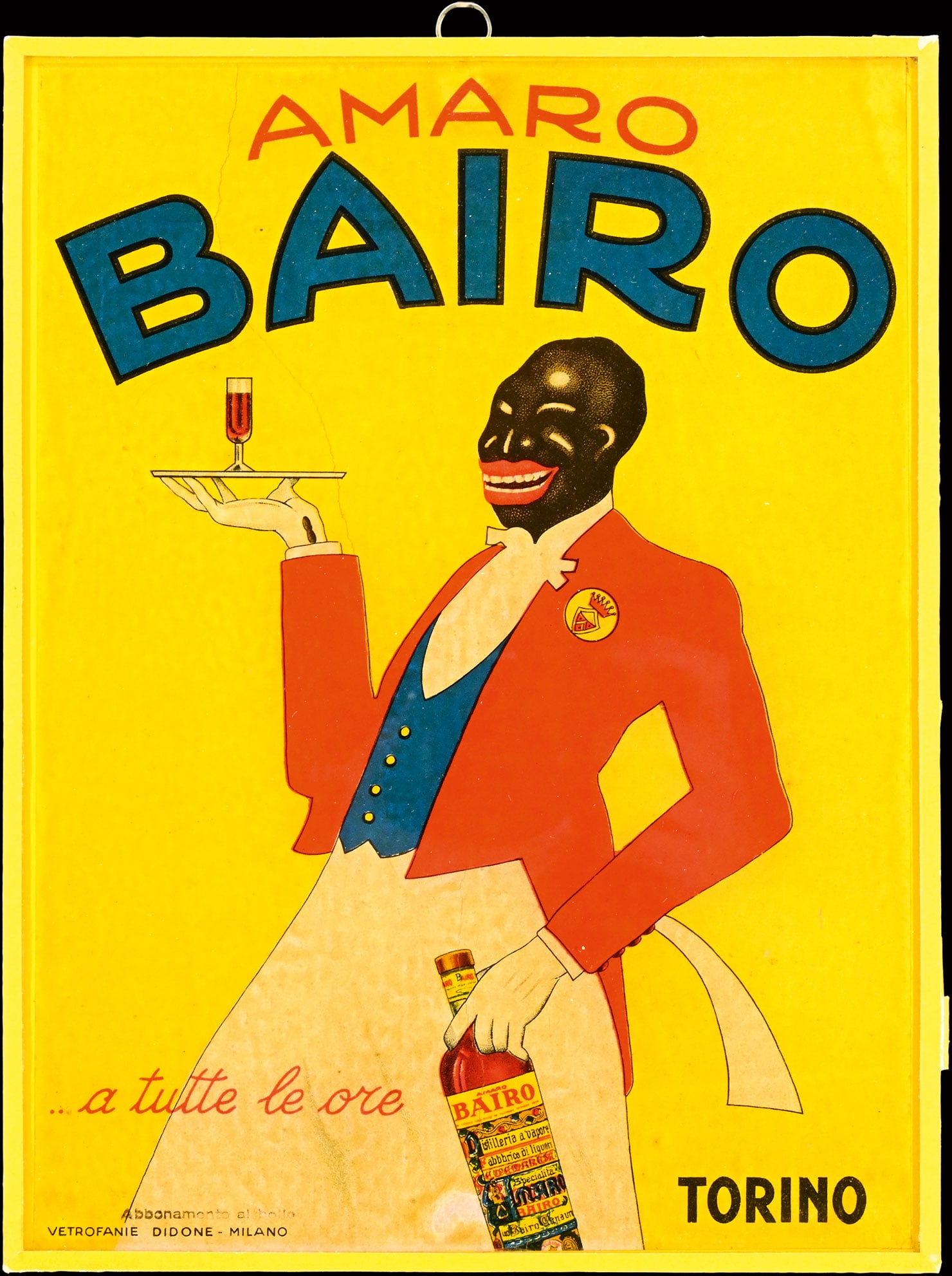 AMARO BAIRO | ADVERTISING SIGN | (1): Fine reverse glass lithography, Torino/IT around 1930, 22 x30 cm, Vetrofanie Didone, Milano, funny image of a waiter who serves Amaro with a wide smile, very rare | We do only sell old original pieces