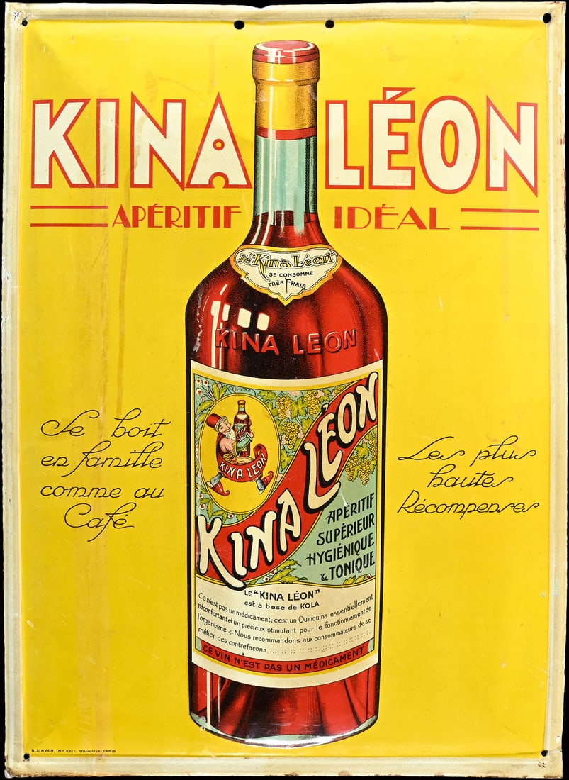 KINA LEON | TIN SIGN | (1): Tin sign, convex, lithographed, F 1930s, 25 x 35 cm, B. Sirven, Im Edit. Toulouse-Paris | We do only sell old original pieces - no reproductions or fakes. We pack in house, most items can be shipped o