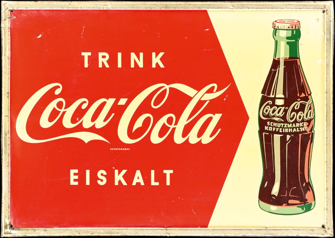 TRINK COCA-COLA EISKALT | TIN SIGN | (2+): Tin sign, GER 1930s, 70 x 50 cm | We do only sell old original pieces - no reproductions or fakes. We pack in house, most items can be shipped overseas. Wooden crates are available. For further shippi
