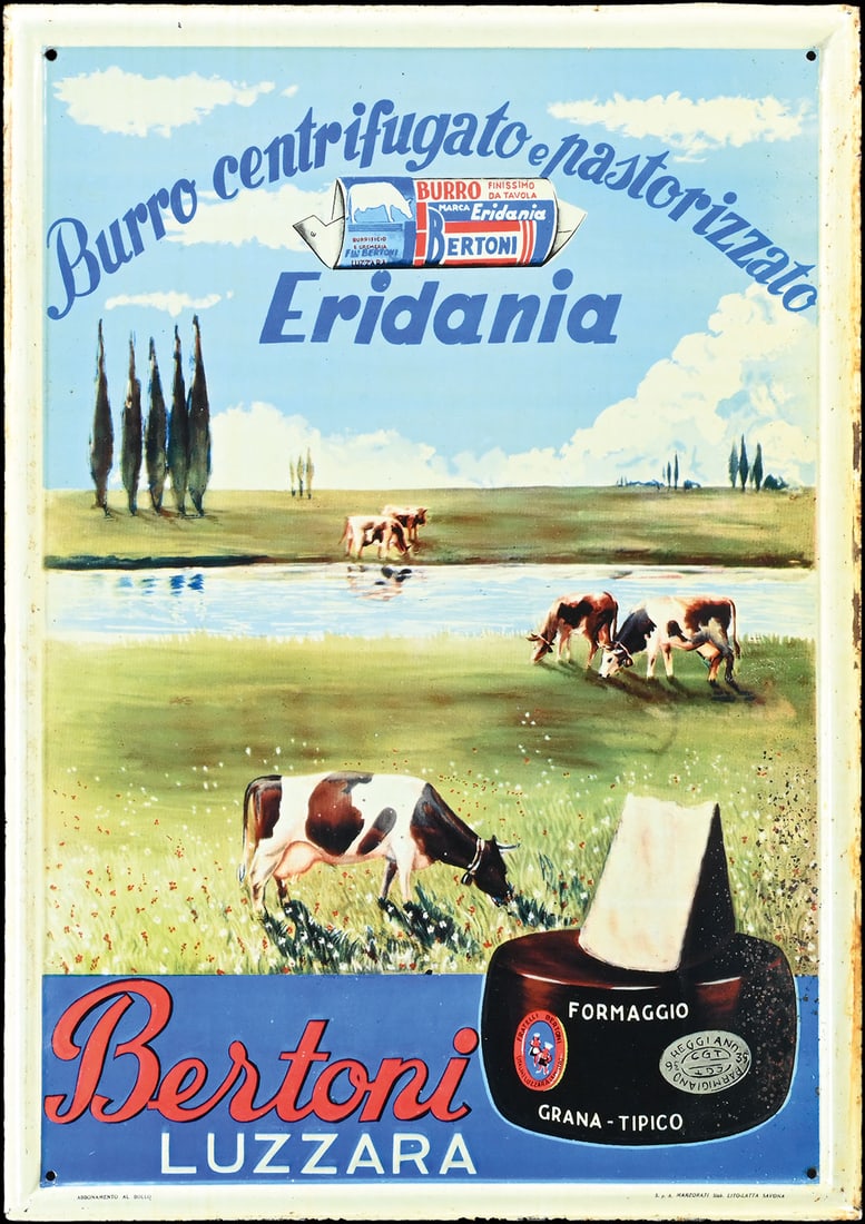 BERTONI FORMAGGIO - ERIDANIA | TIN SIGN | (1): Tin sign, lithographed, Luzzara/IT 1930s, 34 x 48 cm, S.p.A. Marzorati Savona, dairy cows are grazing against the picturesque Italian landscape, rare | We do only sell old original pieces - no reprodu