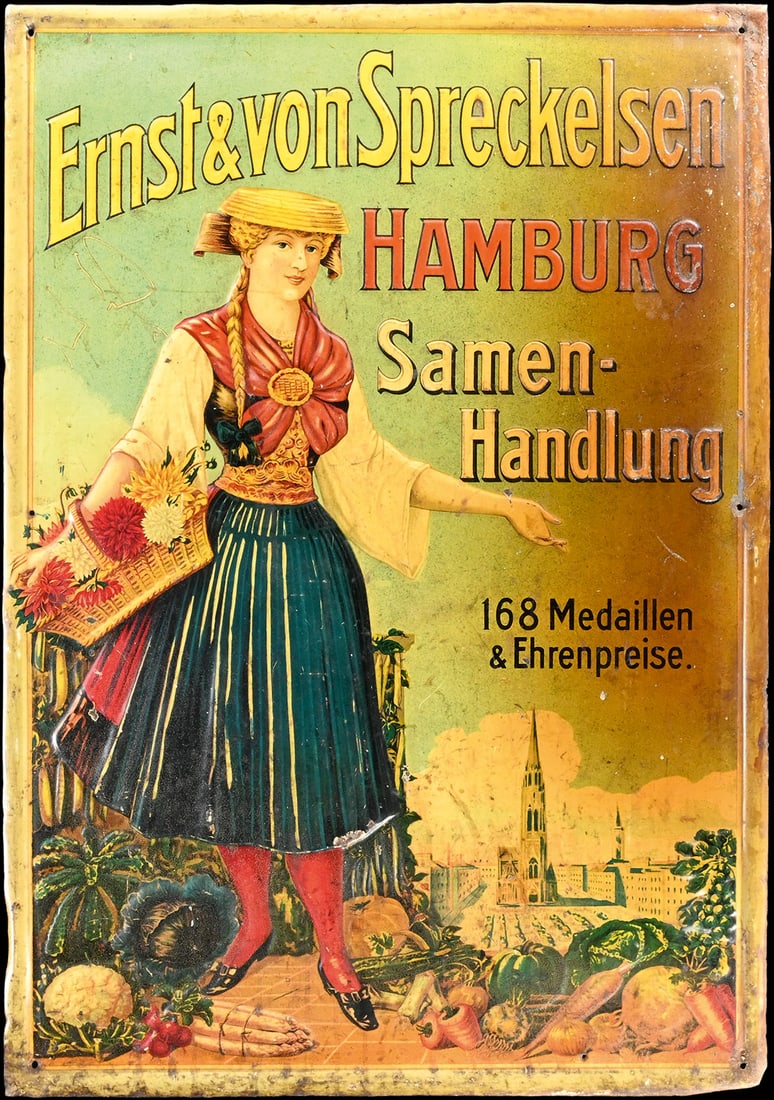 ERNST & VON SPRECKELSEN SAMEN-HANDLUNG | TIN SIGN | (2-): Tin sign, embossed, lithographed, GER around 1920, 51 x 74 cm, A. Boelcker Werke Barmen, very rare, beautiful patina | We do only sell old original pieces - no reproductions or fakes. We pack in house