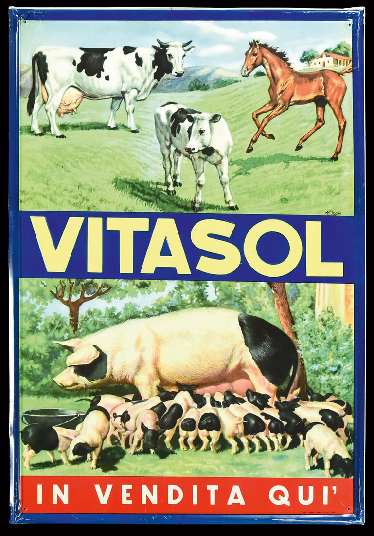 VITASOL | TIN SIGN | (1): Tin sign, embossed, IT around 1950, 48 x 69 cm, Imp. Pubbl. Assolta Uff. Reg. | We do only sell old original pieces - no reproductions or fakes. We pack in house, most items can be shipped overseas. W