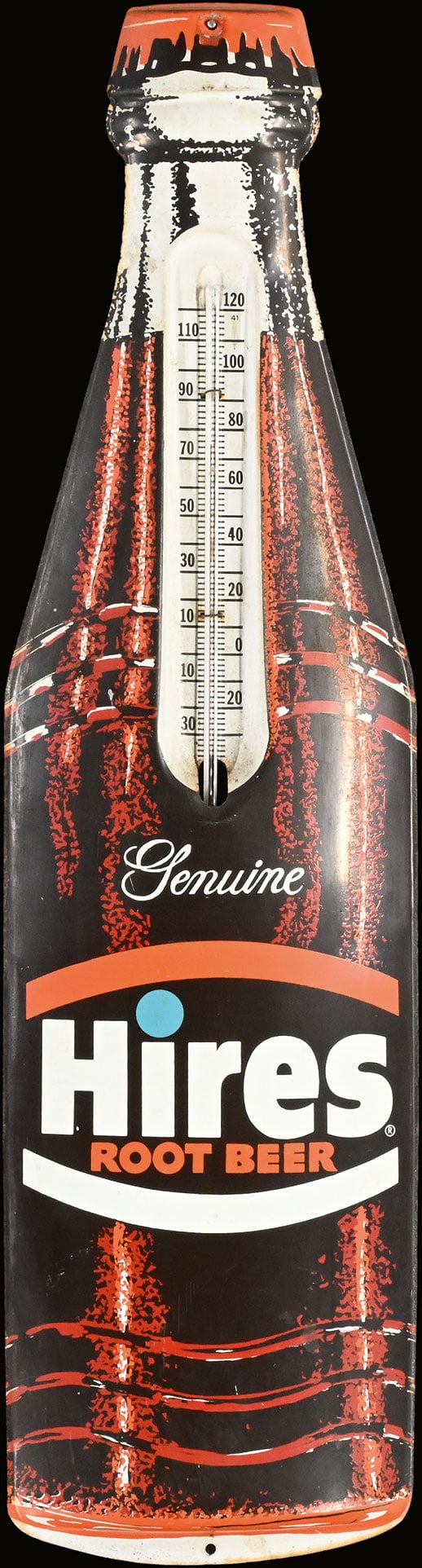 HIRES ROOT BEER | TIN SIGN | (1-2): Tin sign, embossed in bottle shape, integrated thermometer (original and working), USA around 1980, 19 x 73 cm, marked: Made in USA | We do only sell old original pieces - no reproductions or fakes. W