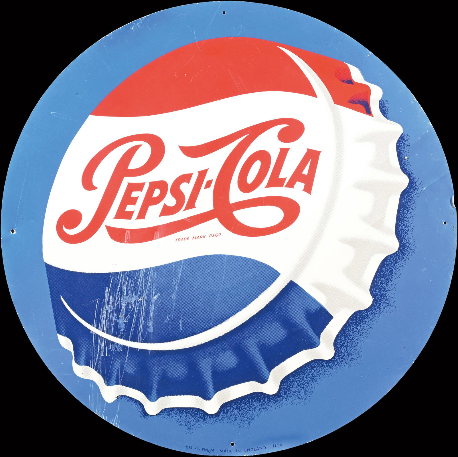 PEPSI-COLA | 20" TIN SIGN | (2): Tin sign, aluminum tin, ENG dated July 1955, diam. 51 cm, XM. 46 Eng/A, scratch in the left area, rare to find here | We do only sell old original pieces - no reproductions or fakes. We pack in house,