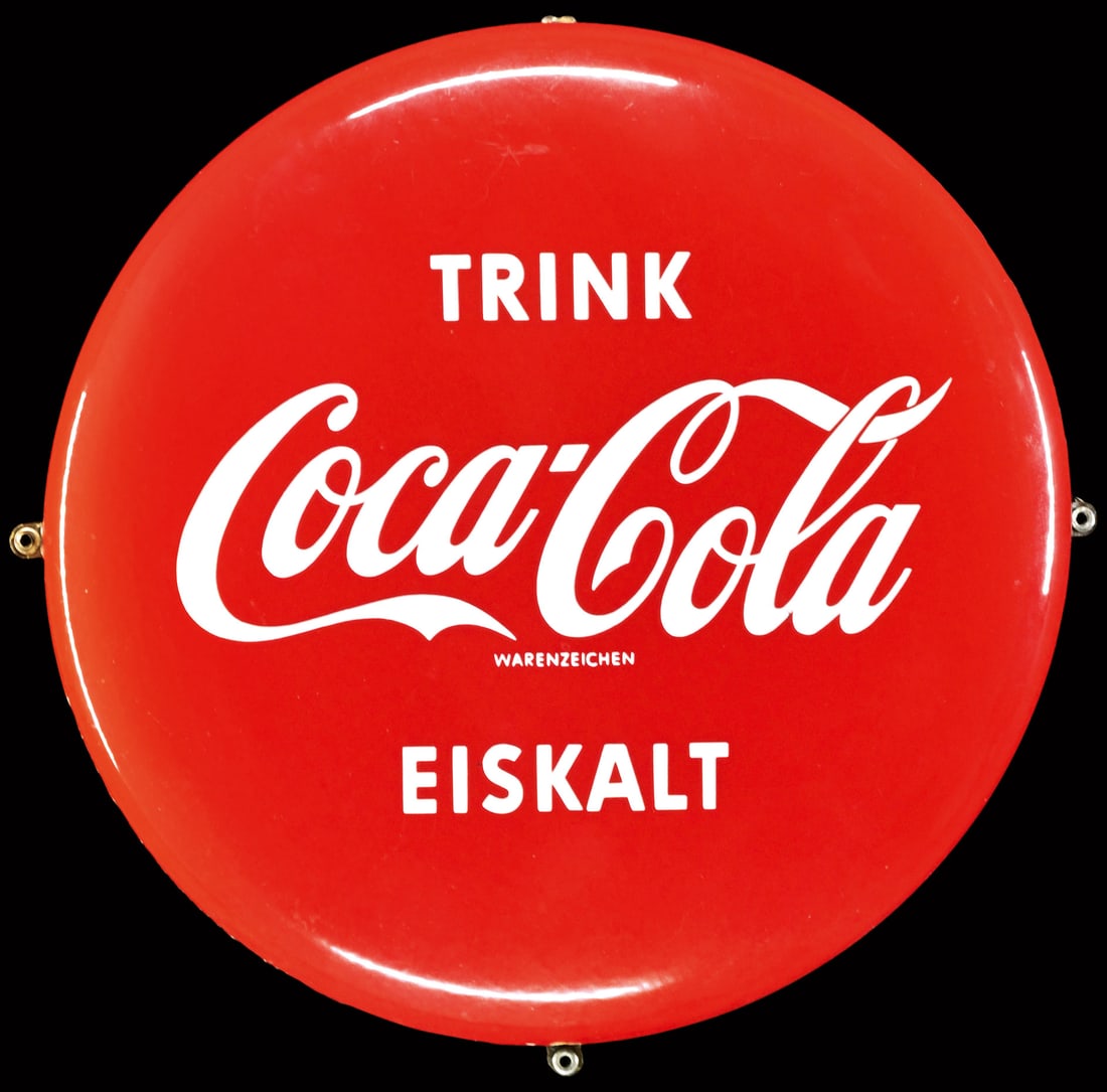 TRINK COCA-COLA EISKALT | 15.75" PORCELAIN SIGN | (2): Porcelain sign ( Enamel sign ), stenciled, GER 1950s, diam. 40 cm, C. Robert Dold, very beautiful surface, the top flap is missing | We do only sell old original pieces - no reproductions or fakes. We