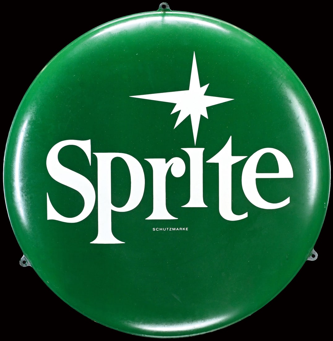 SPRITE | 15.75" TIN SIGN | (1): Tin sign, convex, GER 1960s, diam. 41 cm | We do only sell old original pieces - no reproductions or fakes. We pack in house, most items can be shipped overseas. Wooden crates are available. For furth