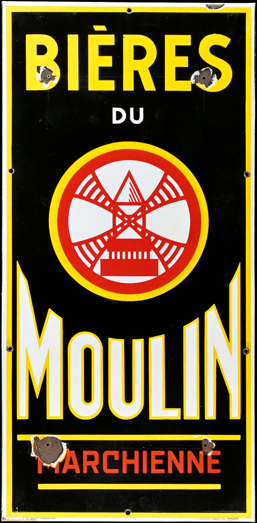 BIERES DE MOULIN | PORCELAIN SIGN | (2): Porcelain sign ( Enamel sign ), stenciled, BE 1935, 48 x 98 cm, PubliciteE. Brogiaux - Charleroi, four additional holes | We do only sell old original pieces - no reproductions or fakes. We pack in ho