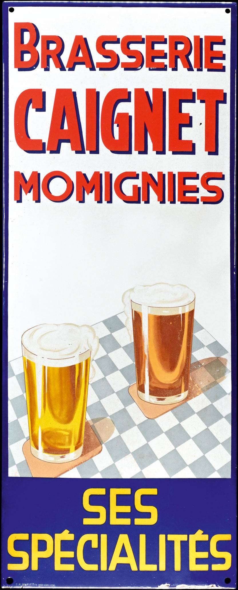 BRASSERIE CAIGNET MOMIGNIES | PORCELAIN SIGN | (R/2): Porcelain sign ( Enamel sign ), stenciled and lithographed, BE 1935, 40 x 100 cm, PubliciteE. Brogiaux - Charleroi, professionally restored, the damaged are restricted to the background and border are