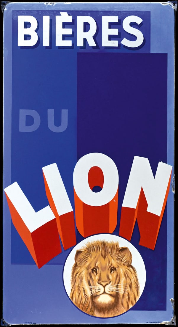 BIERES DU LION | PORCELAIN SIGN | (R): Porcelain sign ( Enamel sign ), stenciled and lithographed, BE 1938, 48 x 88 cm, Emailgraph Bruxelles, professionally restored and coated with clear varnish, the lion itself is only affected on the lo