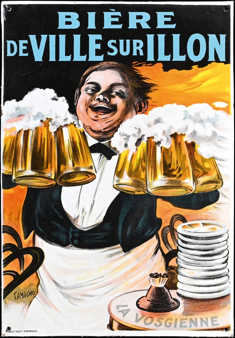 BIERE DE VILLE SUR ILLON | ICONIC FRENCH PORCELAIN SIGN BY N. TAMAGNO | (1): Porcelain sign ( Enamel sign ), stenciled and lithographed, F around 1930, 48 x 68 cm, Emaillerie Alsacienne Strasbourg, signed: Francisco Nicolas Tamagno (1862-1933). There is no doubt the French pro