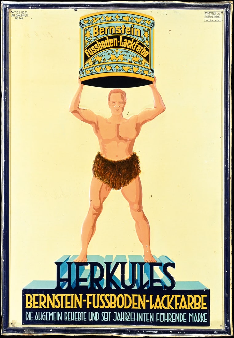HERKULES BERNSTEIN-FUSSBODEN-LACKFARBE | TIN SIGN | (1): Tin sign, embossed and lithographed, AT around 1910, 35 x 50 cm, monogrammed: Papier u. Blech-Industrie, Wien, signed: Atelier AH. Waldner, a wonderful early tin depicting Hercules, clad in a leather 