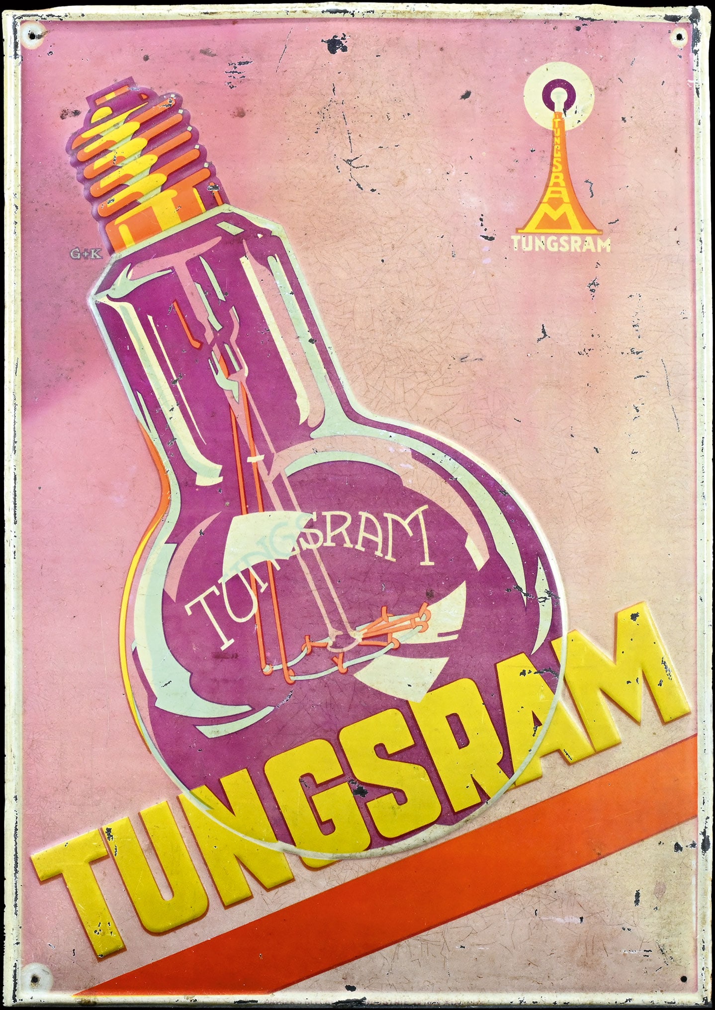 TUNGSRAM | TIN SIGN | (2): Tin sign, convex, embossed and lithographed, 1920s, 35 x 50 cm, Papier- u. Blechdruck-Industrie Wien, signed: G+K, beautiful depiction of the Tungsram bulb, behind it is the monogram of the Tungsram l