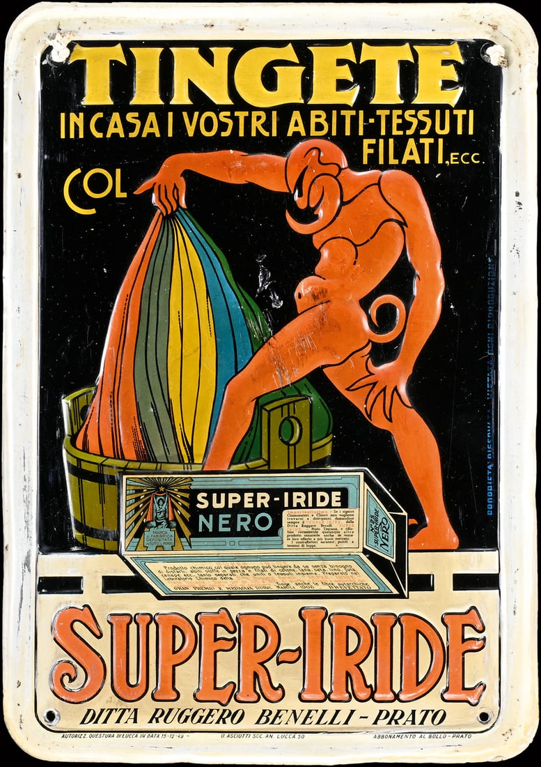 TINGETE SUPER-IRIDE | TIN SIGN | (2): Tin sign, embossed and lithographed, Prato/IT around 1949, 25 x 35 cm, U. Asciutti Soc. An. Lucca, laundry with devilishly good colors, small damage in the middle | We do only sell old original pieces
