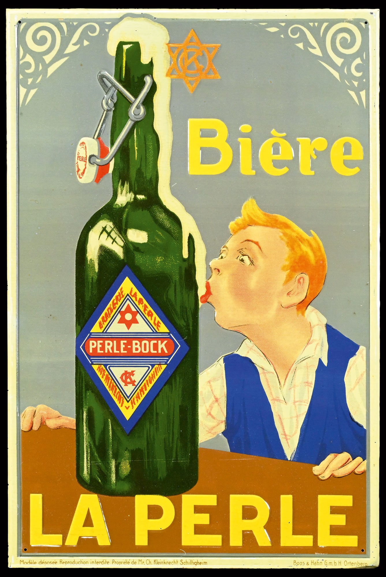 BIERE LA PERLE | SUPERB TIN SIGN | (1+): Tin sign, embossed and lithographed, F around 1940, 33 x 50 cm, Boos & Hahn, G.m.b.H. Ortenberg, the beautiful tin version of the "Tintin" in finest preservation | We do only sell old original pieces 