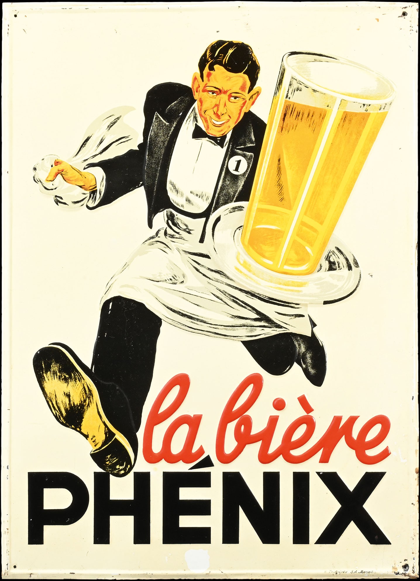 BIERE PHENIX | BEAUTIFUL TIN SIGN | (1): Tin sign, embossed and lithographed, F 1940s, 37 x 52 cm, G. de Andreis, S.A. Marseille, rare and early version of the French beer waiter, here with perfect gloss and colors | We do only sell old orig