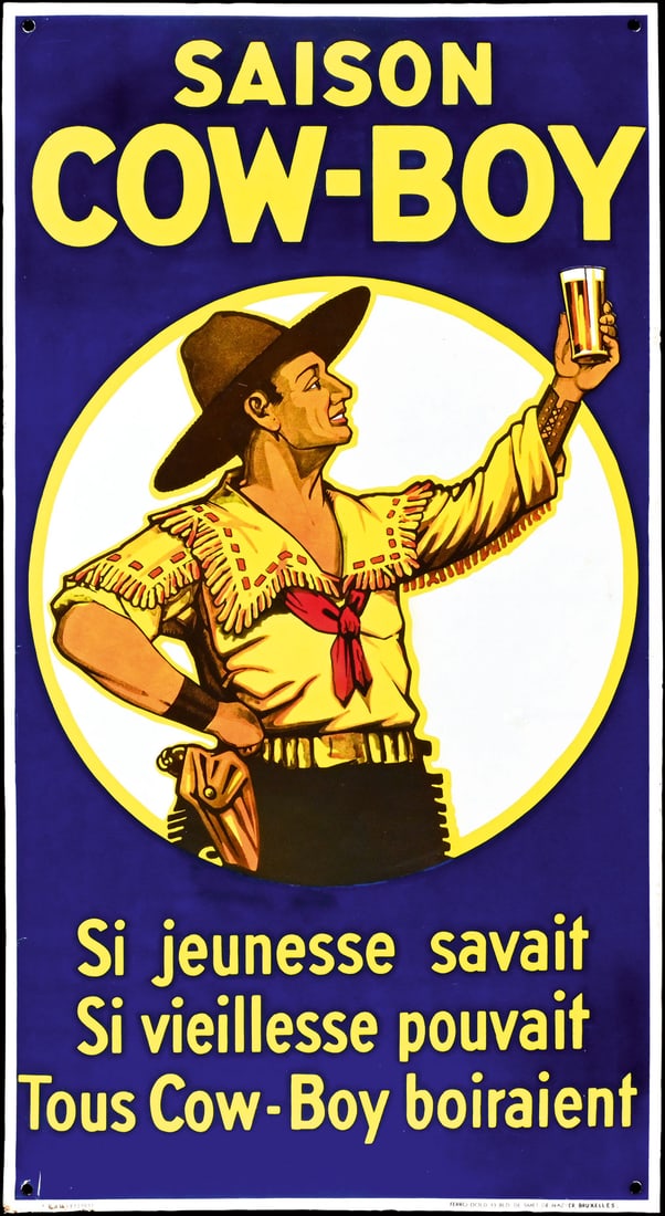SAISON COW-BOY | RARE PORCELAIN SIGN | (R): Porcelain sign ( Enamel sign ), stenciled and lithographed, BE 1931, 48 x 88 cm, Ferro Dold, in wonderful visual condition, professionally restored and coated with clear varnish, the damages are almos