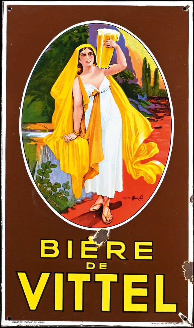 BIERE DE VITTEL | PITTORESQUE PORCELAIN SIGN | (2): Porcelain sign ( Enamel sign ), stenciled and lithographed, F around 1930, 38 x 65 cm, Emaillerie Alsacienne Strasbourg, signed: d'apres Mazellin Auzolle, marked: Creation Vercasson Paris, against a s