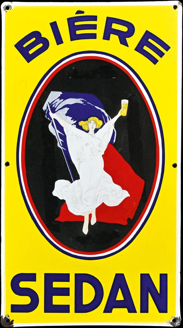 BIERE SEDAN | RARE PORCELAIN SIGN AFTER J. SPRING | (2+): Porcelain sign ( Enamel sign ), stenciled and lithographed, F 1930s, 35 x 63 cm, S.A. Email Koekelberg, Bruxelles, the black background with light traces of aging, rare | We do only sell old original 