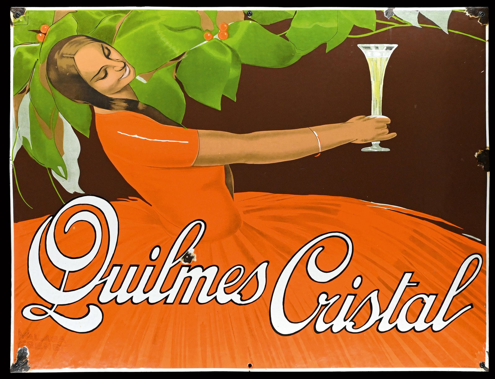 QUILMES CRISTAL | MAGNIFICIENT PORCELAIN SIGN BY MALAGA GRENET | (2+): Porcelain sign ( Enamel sign ), stenciled and lithographed, ARG 1923, 128 x 97 cm, Made in Germany, signed: Malaga Grenet, a masterpiece from the heyday of Argentine prosperity, the lady dreamily rais