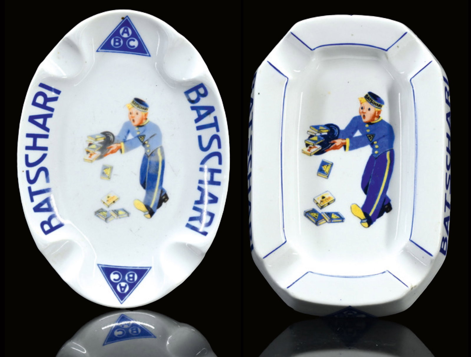 ABC BATSCHARI CIGARETTES | ASHTRAYS | (1): Two ash trays, porcelain, lithographed, CH 1930s, 18 x 13 cm & 16 x 11 cm, Langenthal, Suisse, each with image showing a young page with cigarettes of the company | We do only sell old original pieces