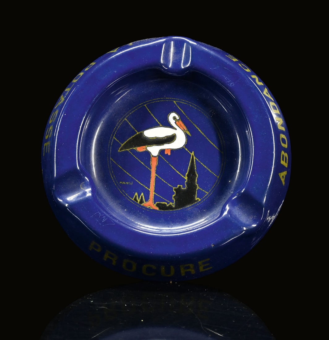 POTASSE D'ALSACE | ASHTRAY | (1): Ash tray, enamel, F around 1950, diam. 15 cm, signed: Hansi | We do only sell old original pieces - no reproductions or fakes. We pack in house, most items can be shipped overseas. Wooden crates are a
