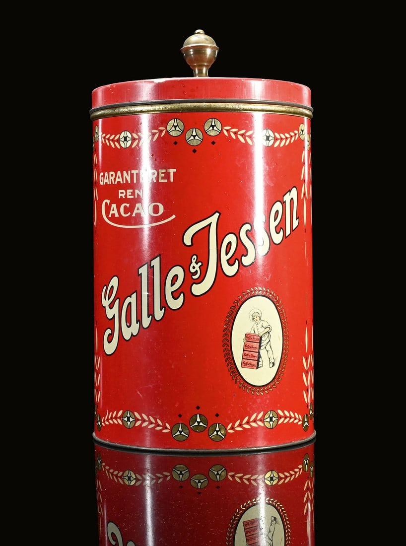 GALLE & JESSEN CACAO | TIN CAN | (1): Big tin can, lithographed, original knob and lid, DK around 1910/20, diam. 22 cm, H 40 cm, very beautiful overall condition, even the gold color is still glossy, rare | We do only sell old original pi