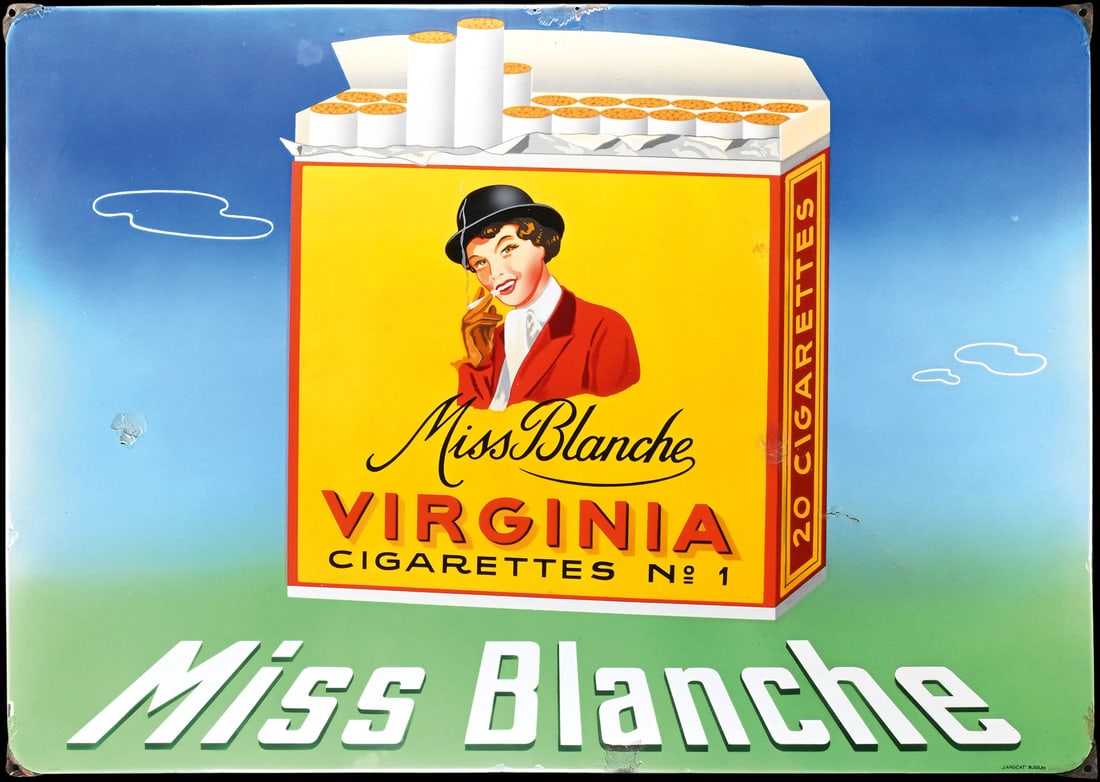 MISS BLANCHE | RARE PORCELAIN SIGN | (2): Porcelain sign ( Enamel sign ), stenciled, NL 1950s, 117 x 83 cm, "LANGCAT" Bussum, a Dutch advertising icon with striking colors, "Miss Blanche" smokes Virginia cigarettes with relish - a 1950s motif