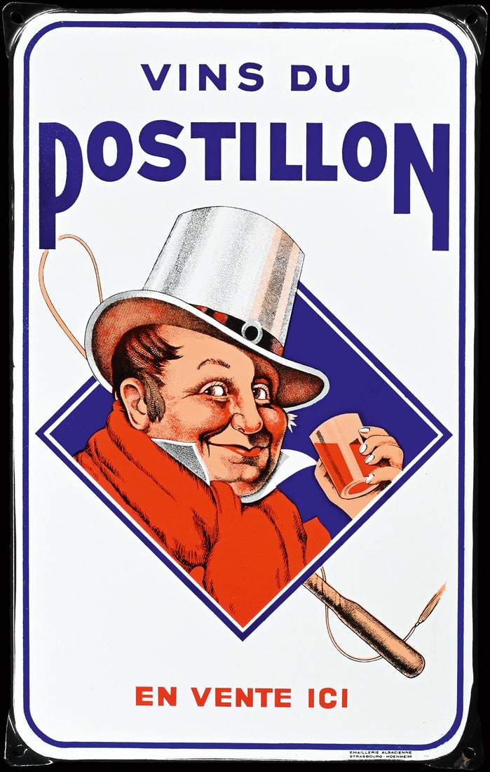 VINS DU POSTILLON | PORCELAIN SIGN | (1+): Porcelain sign ( Enamel sign ), stenciled and lithographed, F 1950s, 30 x 48 cm, Emaillerie Alsacienne Strasbourg-Hoenheim, a sight to behold - fresh from the oven, gleaming and colorful - which bring