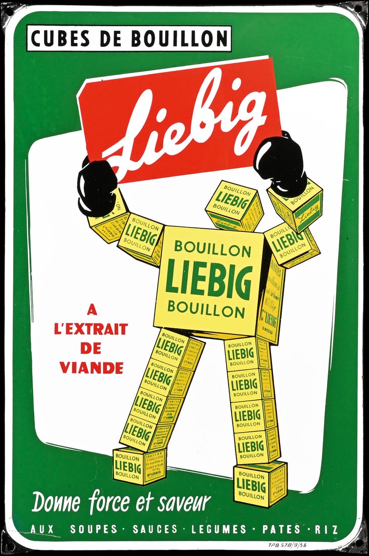 LIEBIG | PORCELAIN SIGN | (1): Porcelain sign ( Enamel sign ), stenciled, BE 1956, 39 x 59 cm, the Liebig robot in fine preservation, very glossy | We do only sell old original pieces - no reproductions or fakes. We pack in house, 