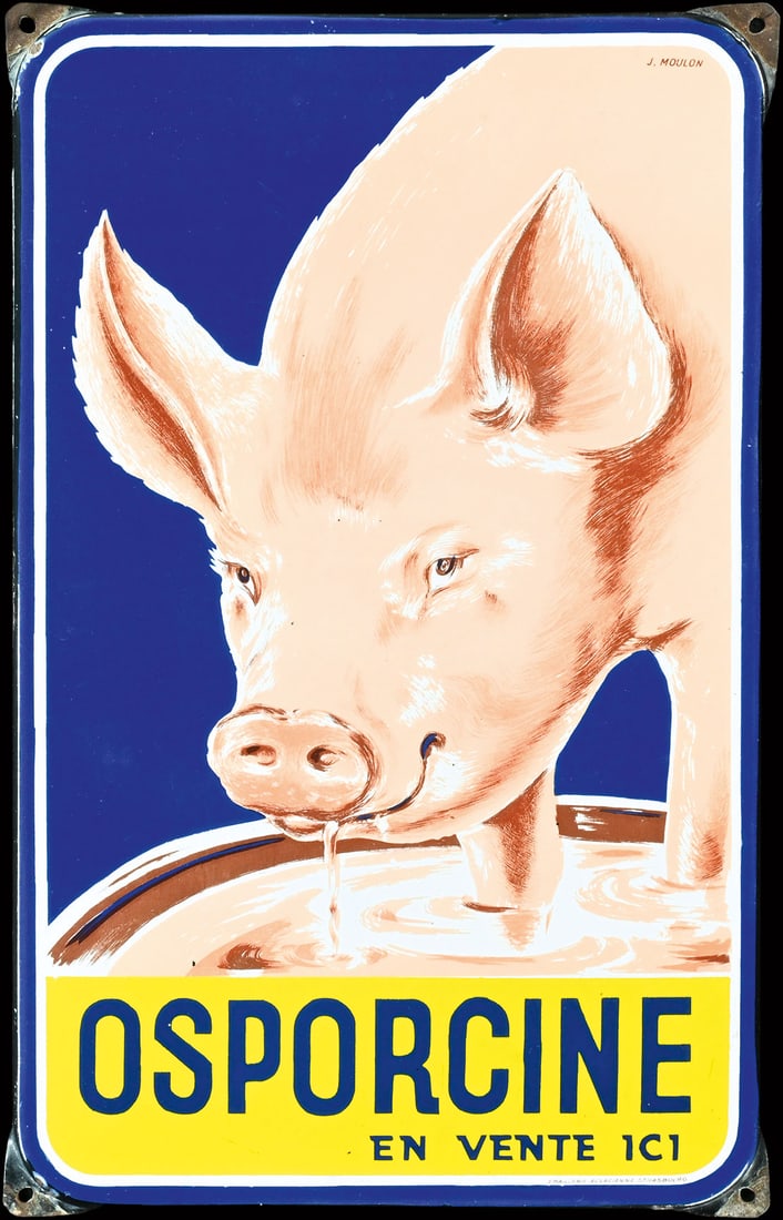 OSPORCINE | PORCELAIN SIGN BY J. MOULON | (1): Porcelain sign ( Enamel sign ), stenciled and lithographed, F late 1930s, 30 x 48 cm, Emaillerie Alsacienne Strasbourg, beautiful design signed by: J. Moulon, the pig is happily crunching at the troug