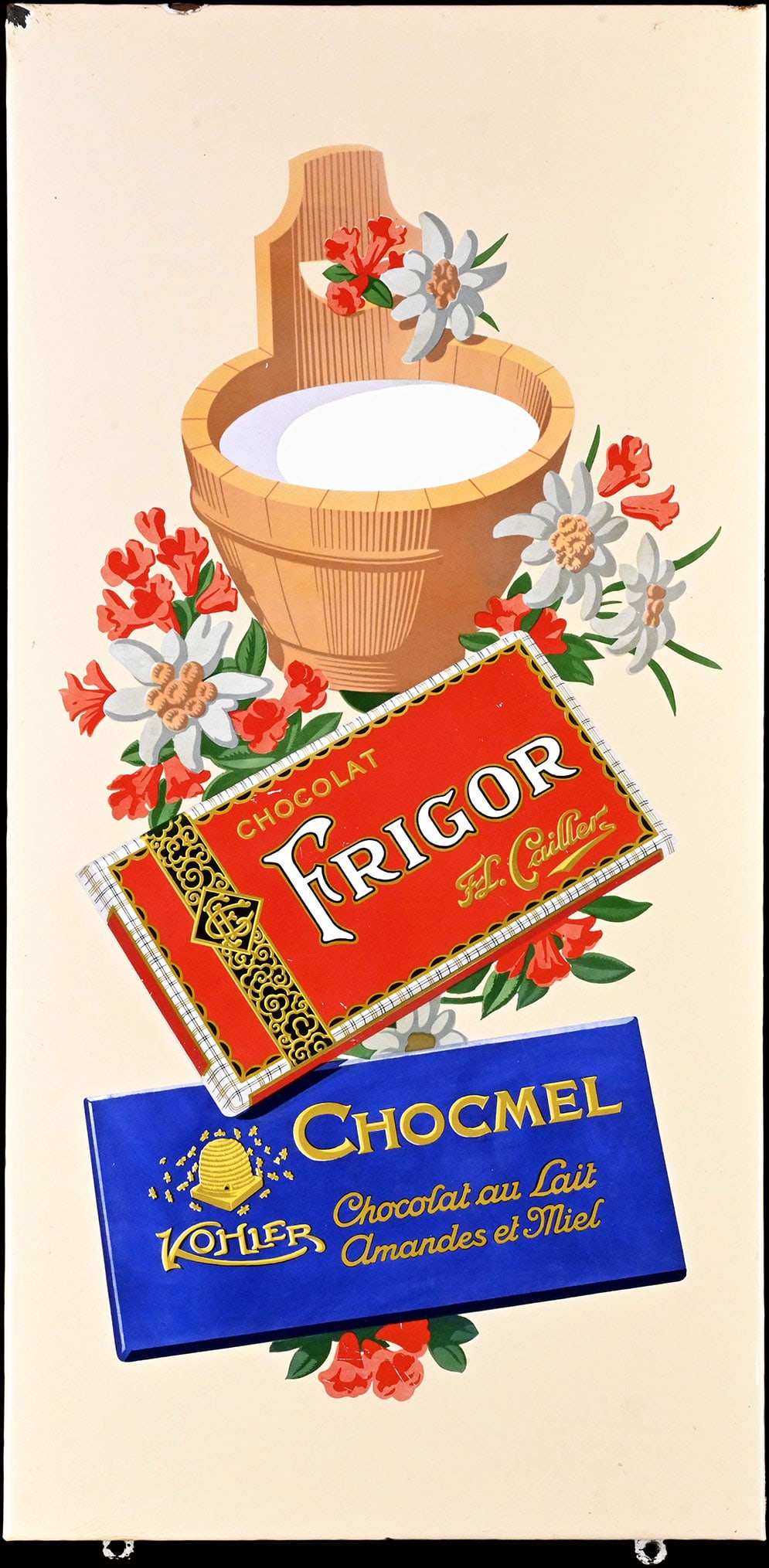 CAILLER FRIGOR - KOHLER CHOCMEL | PORCELAIN SIGN | (1-2): Porcelain sign ( Enamel sign ), stenciled, CH 1950s, 47 x 97 cm, very beautiful gloss and colors, fine scratches | We do only sell old original pieces - no reproductions or fakes. We pack in house, mo