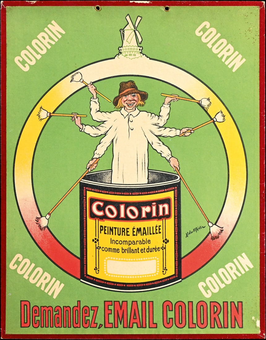 COLORIN PEINTURE EMAILEE | ADVERTISING SIGN | (1): Advertising cardboard, lithographed, BE 1930s, 29 x 37 cm, signed: X. du Ilsedic | We do only sell old original pieces - no reproductions or fakes. We pack in house, most items can be shipped overseas