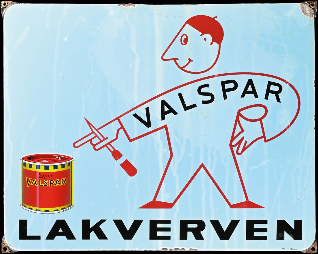 VALSPAR LAKVERVEN | PORCELAIN SIGN | (3): Porcelain sign ( Enamel sign ), stenciled, NL 1950s, 53 x 44 cm, "Langcat" Bussum, with traces of weathering, a funny image | We do only sell old original pieces - no reproductions or fakes. We pack i