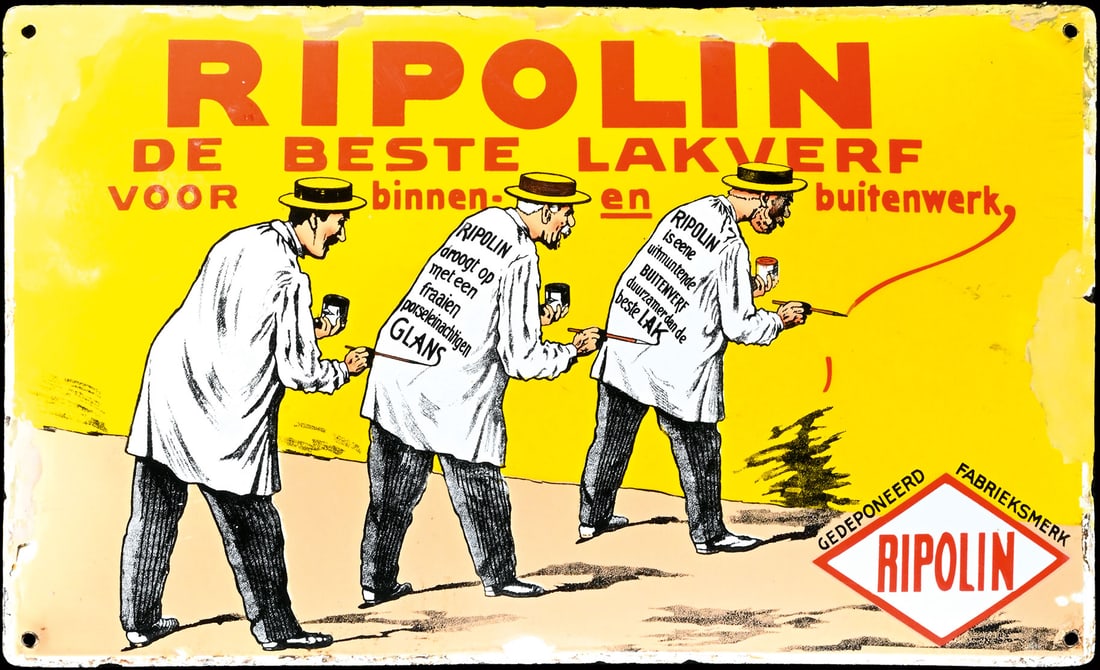 RIPOLIN | PORCELAIN SIGN | (3): Porcelain sign ( Enamel sign ), convex, stenciled and lithographed, BE/NL around 1920, 50 x 33 cm, very beautiful gloss and colors, with old visible touch-ups in the border area, the material has been