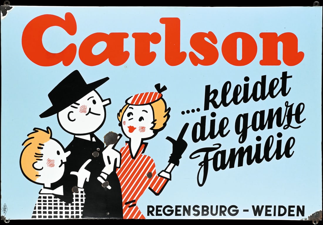 CARLSON | PORCELAIN SIGN | (2): Porcelain sign ( Enamel sign ), stenciled, GER 1950s, 120 x 80 cm, Boos & Hahn, Ortenberg-Baden, marked: DER, a 50s design with fantastic gloss | We do only sell old original pieces - no reproductions