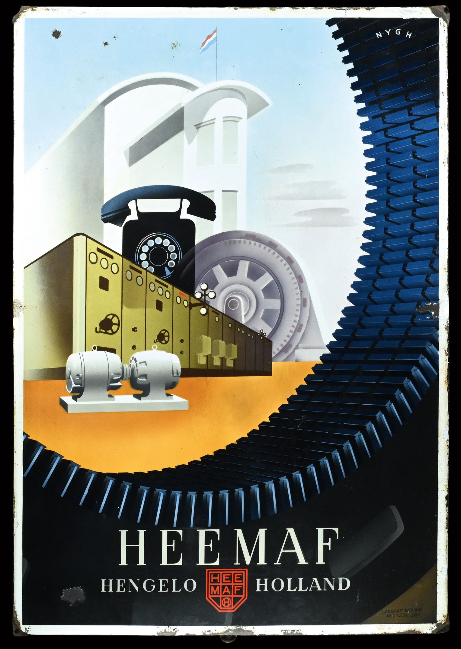 HEEMAF - HENGELO HOLLAND | PORCELAIN SIGN | (3): Porcelain sign ( Enamel sign ), stenciled and lithographed, NL late 1930s, 82 x 117 cm, "Langcat" Bussum, signed: NYGH, industrial design enthusiasts will be thoroughly delighted here, an enamel sign 