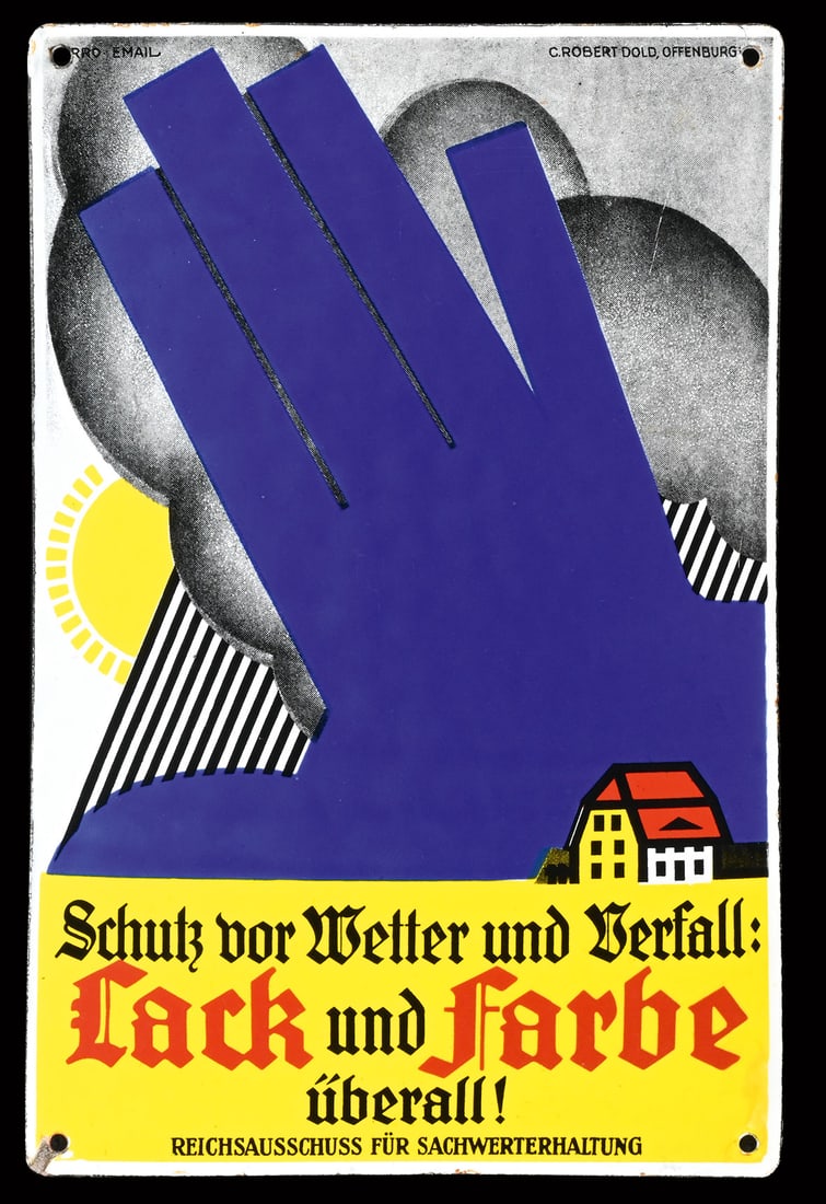 LACK UND FARBE | PORCELAIN SIGN | (1): Porcelain sign ( Enamel sign ), convex, stenciled, GER 1930s, 24 x 37 cm, Ferro-Email - C. Robert Dold, a sign produced at the initiative of the Reich Committee for the Preservation of Material Assets