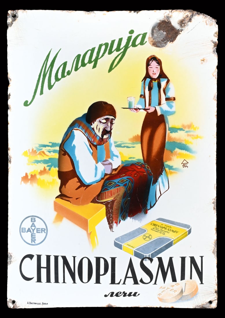 BAYER CHINOPLASMIN - MARAPUJA | SUPER RARE PORCELAIN SIGN | (3): Porcelain sign ( Enamel sign ), convex, stenciled and lithographed, version for the Kingdom of Yugoslavia, around 1930, 35 x 50 cm, the image signed illegibly. Shivering, the elderly gentleman sits in