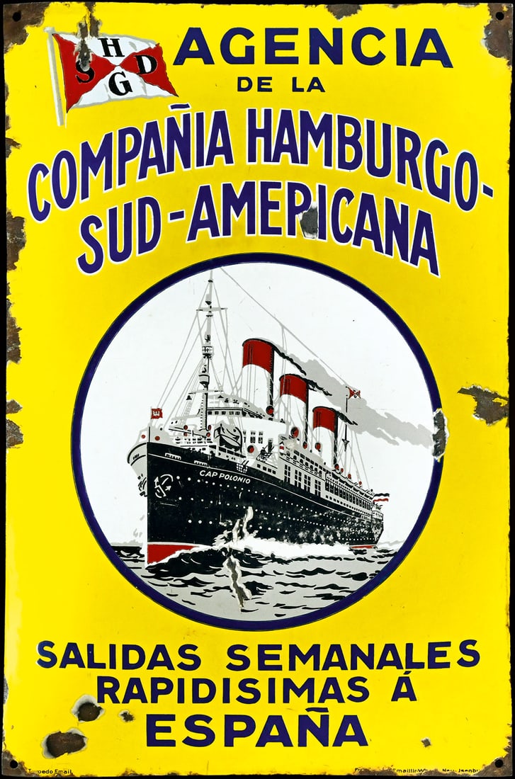 COMPANIA HAMBURGO-SUD-AMERICANA | RARE SHABBY CHIC PORCELAIN SIGN | (3): Porcelain sign ( Enamel sign ), convex, all colors thickly stenciled, Hamburg around 1922, 50 x 75 cm, Torpedo Email - Frankfurter Emaillirwerke, Neu-Isenburg, depiction of the Cap Polonio on the high