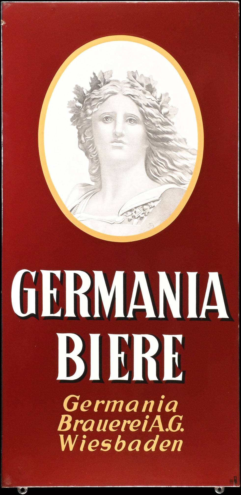 GERMANIA BIERE | PORCELAIN SIGN | (1+): Porcelain sign ( Enamel sign ), stenciled and lithographed, GER 1950s, 48 x 98 cm, Pyro-Email, Boos & Hahn, Ortenberg-Baden, monogrammed: FH | We do only sell old original pieces - no reproductions or