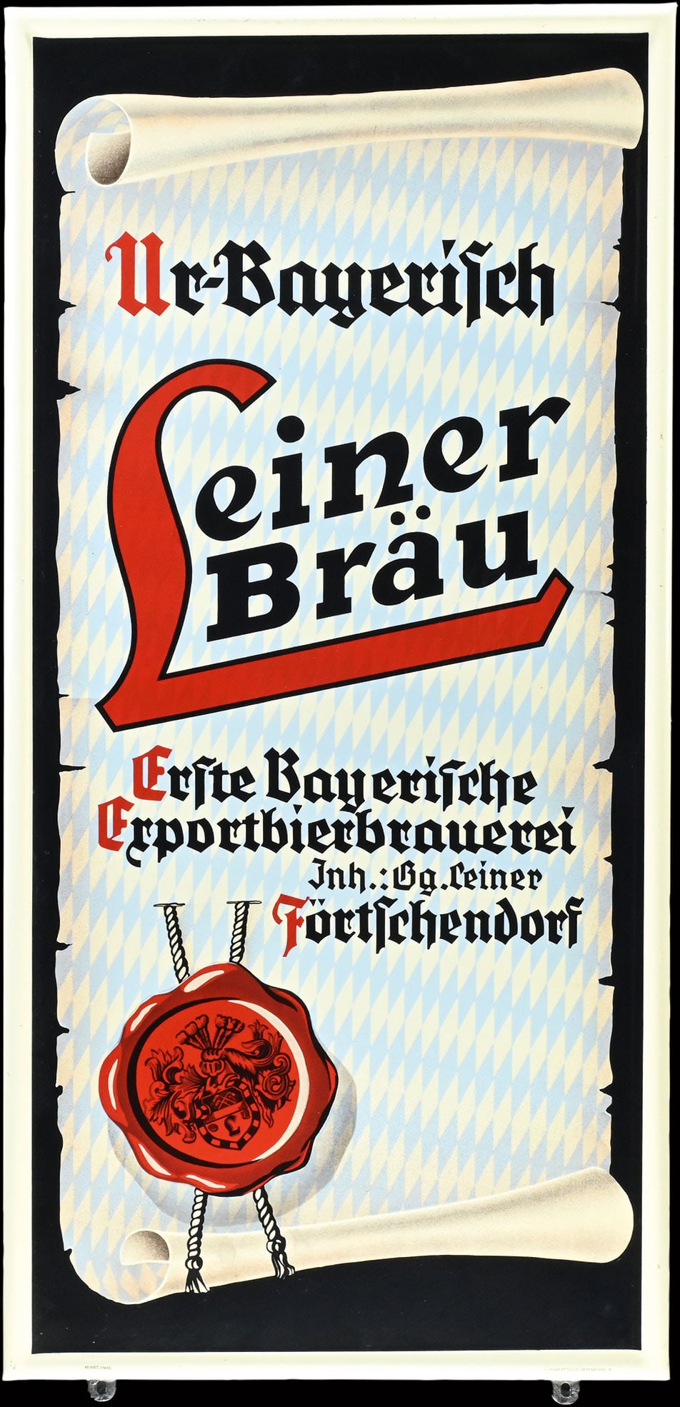 LEINER BRAEU | PORCELAIN SIGN | (1+): Porcelain sign ( Enamel sign ), stenciled and lithographed, GER around 1950, 47 x 97 cm, Ferro-Email, C. Robert Dold, Offenburg i.B. | We do only sell old original pieces - no reproductions or fakes. 