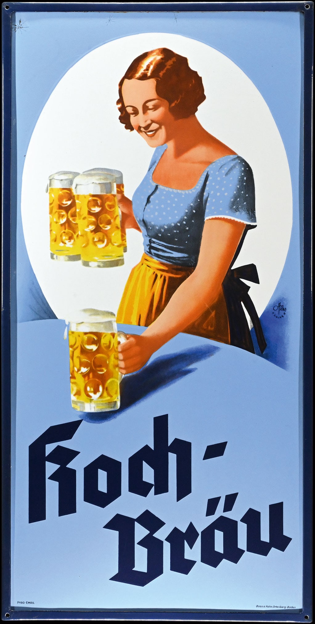 KOCH-BRAEU | PORCELAIN SIGN | (1): Enamel sign in original enamelled iron frame, stenciled and lithographed, GER around 1930, 50 x 100 cm, Pyro-Email - Boos & Hahn, Ortenberg-Baden, the sign is one of a collection of eight that I disco